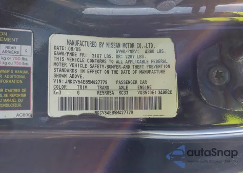 2005 Infiniti G35 z USA, uszkodzony, nr VIN JNKCV54E85M427779